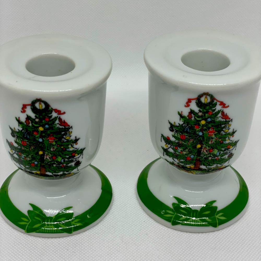 Christmas themed pair of candle stick holders